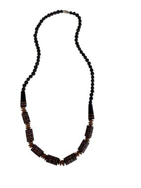 Vintage Tribal Style Beaded Necklace 18” Black Matte Beads Carved Bone Geometric